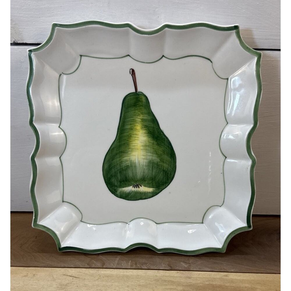 VTG VIETRI PEAR PLATE Hand Painted Italy Square Ornate Edge Ceramic 8.5”